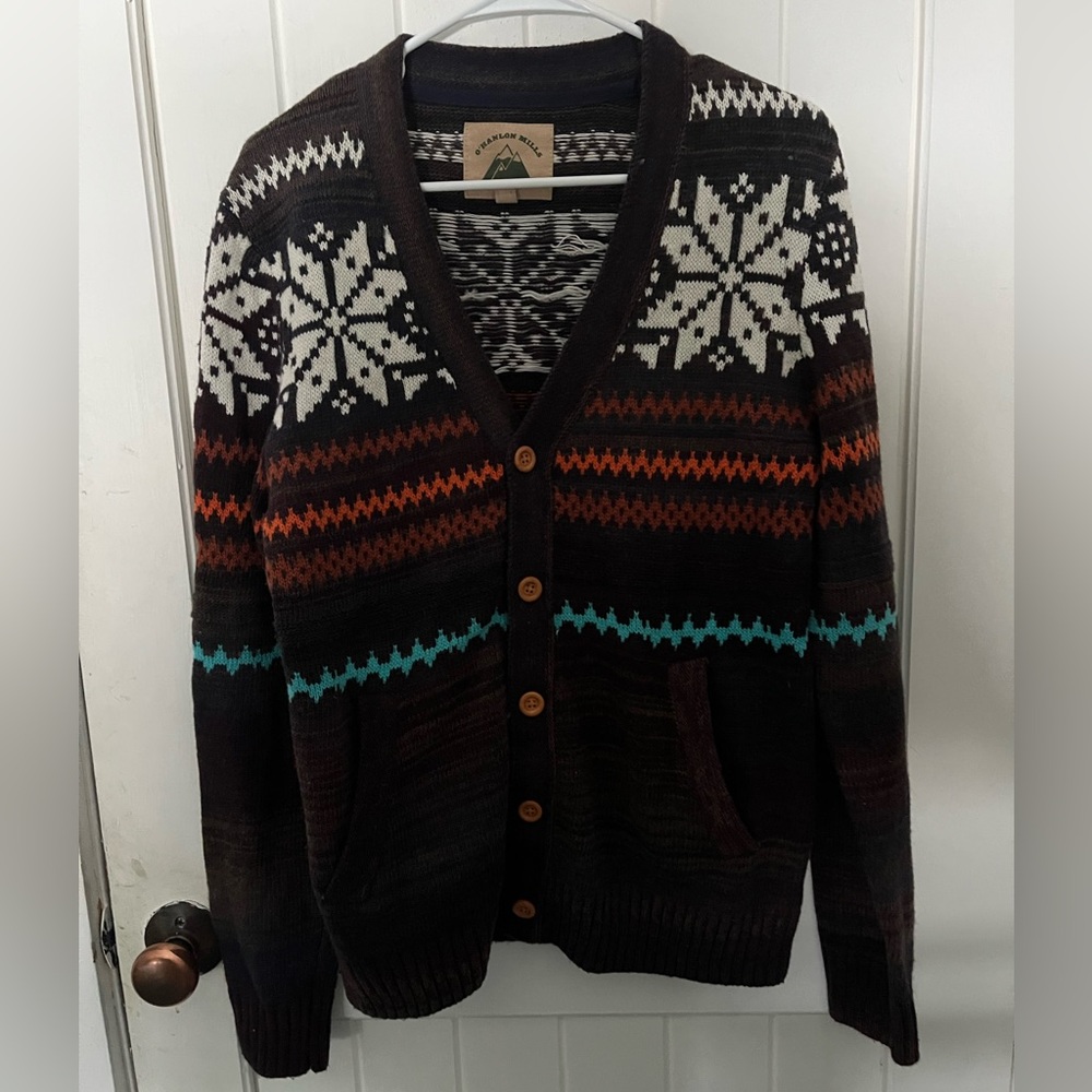Fair Isle-inspired cardigan by O’ Hanlon Mills.